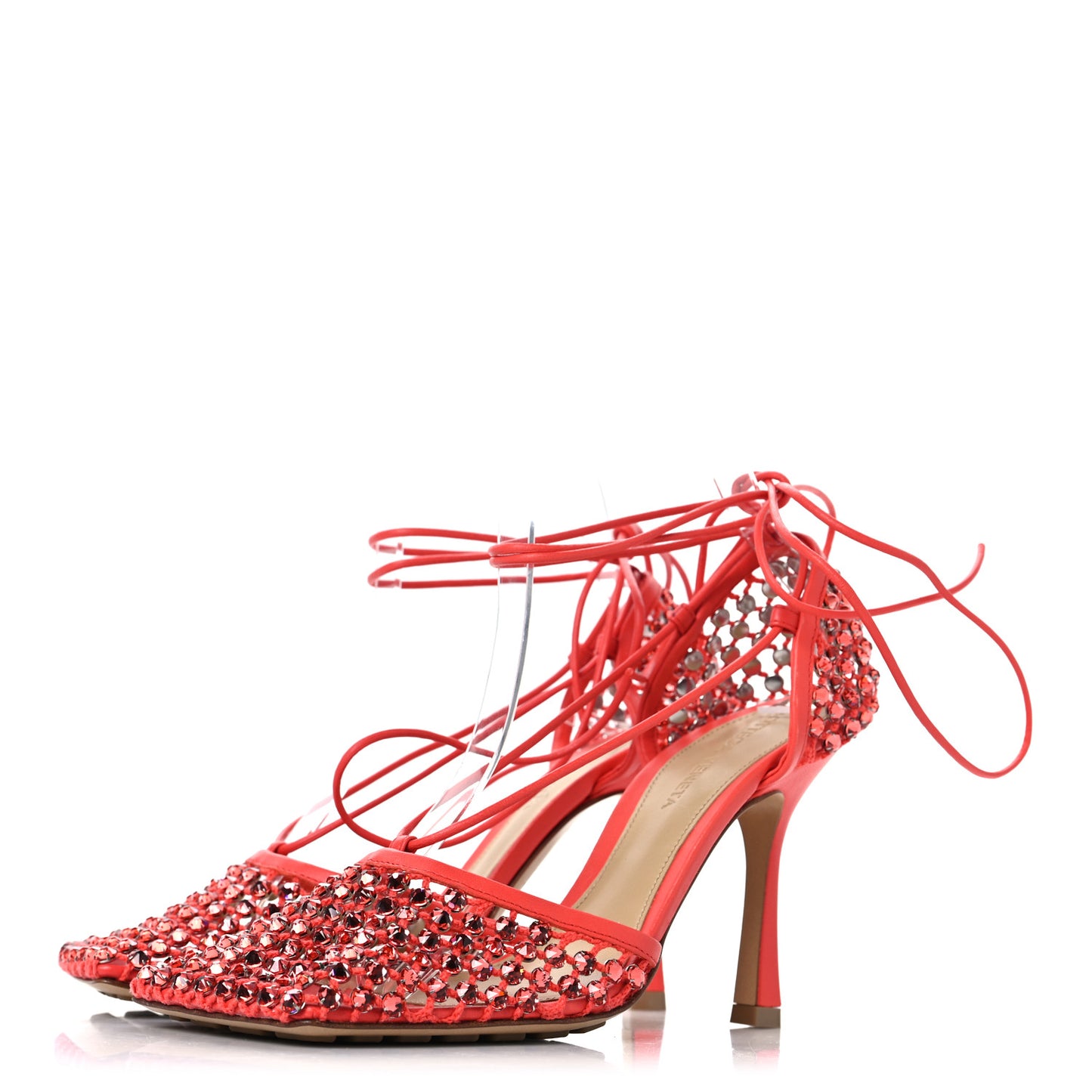 Mesh Nappa Crystal Embellished Sparkle Stretch Ankle Tie 90mm Sandals 37.5 Sunburst