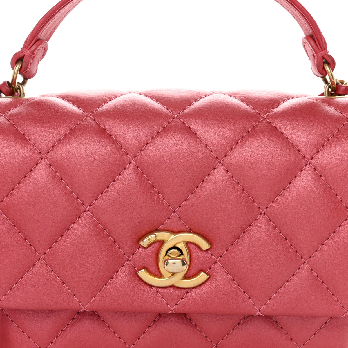 Metallic Calfskin Quilted Top Handle Flap Dark Pink