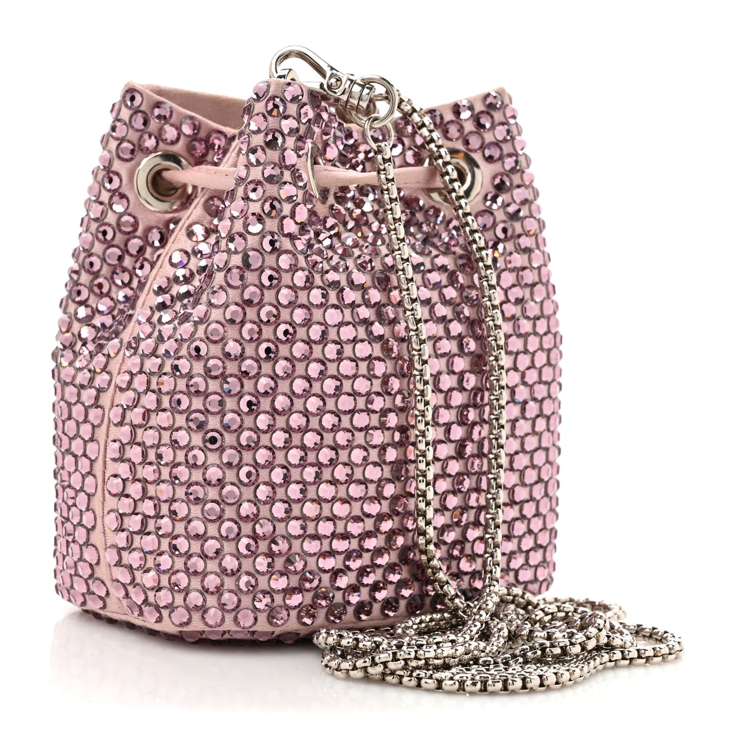 Satin Crystal Metal Triangle Logo Mini Drawcord Pouch Shoulder Bag Alabastro