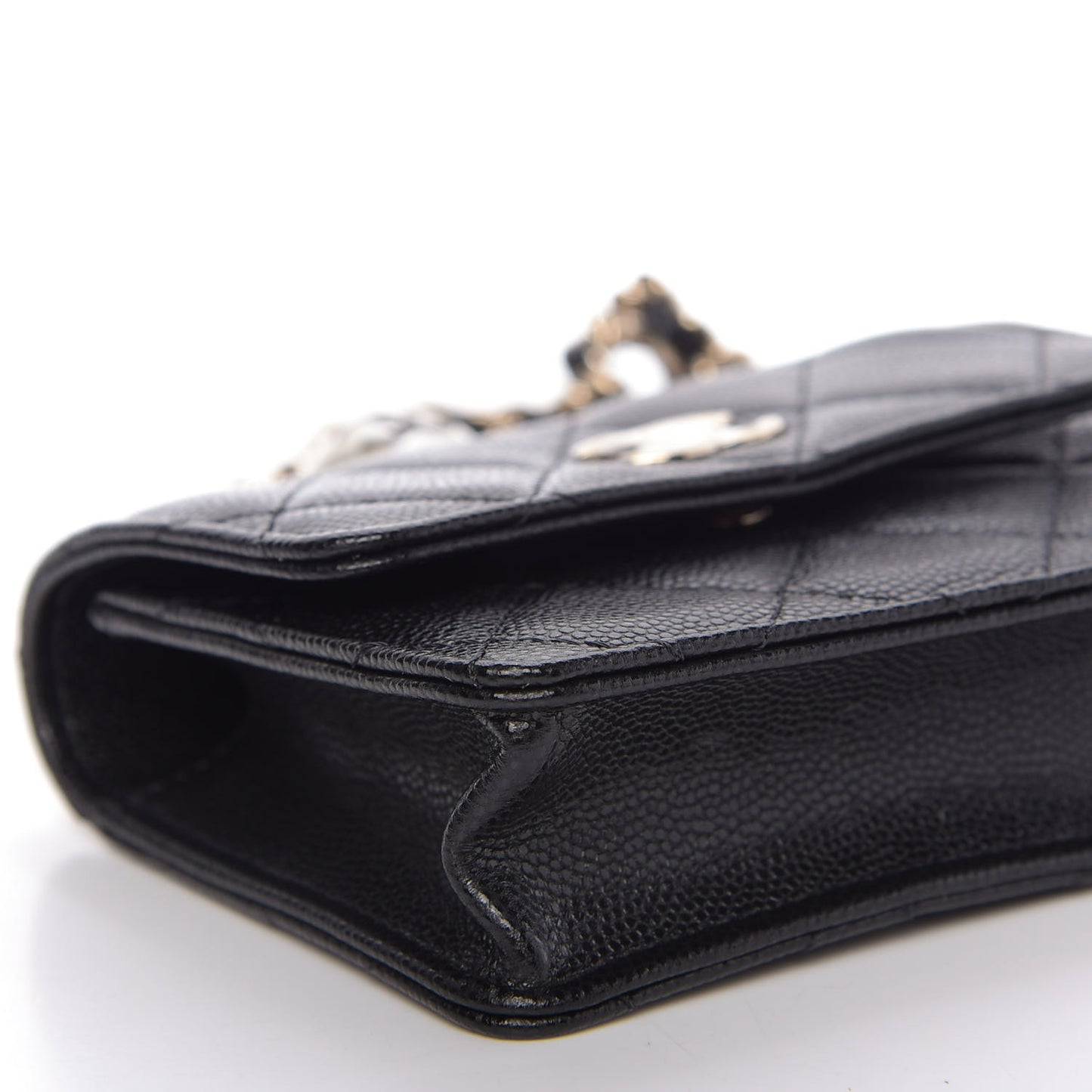 Caviar Quilted Mini Pearl On Top Coin Purse With Chain Black