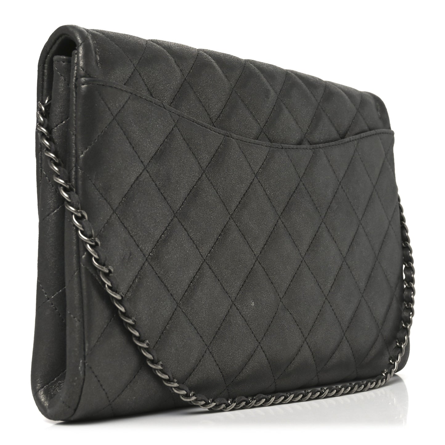 Metallic Lambskin Quilted Clutch With Chain Flap Dark Grey