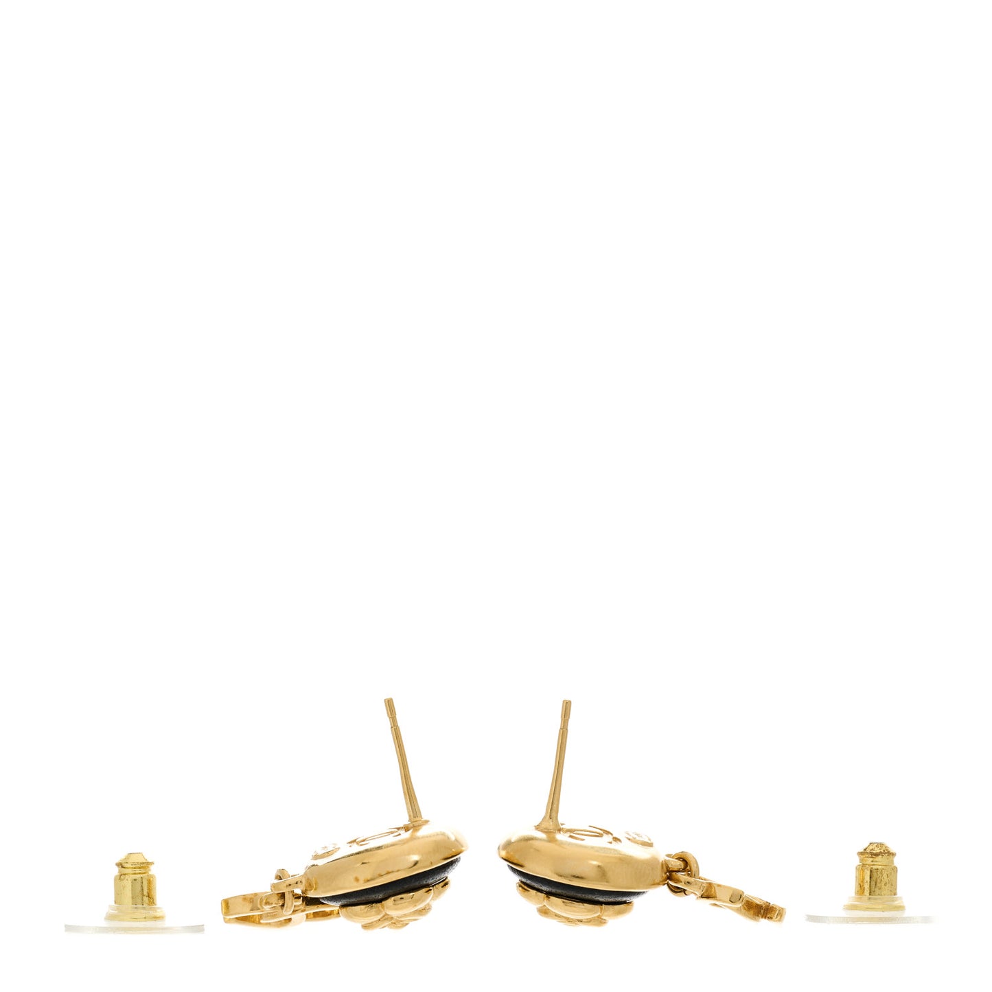 Metal Lambskin Camellia CC Drop Earrings Gold Black