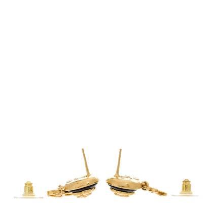 Chanel Metal Lambskin Camellia CC Drop Earrings Gold Black 4 of 5