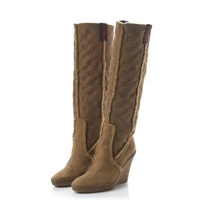 Gucci Suede Shearling Fur Microguccissima Courtney Tall Wedge Boots 8 Beige 3 of 7