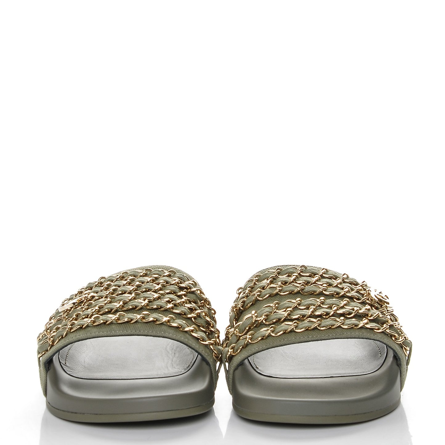 Lambskin Canvas Chain Flat Sandals 38 Khaki