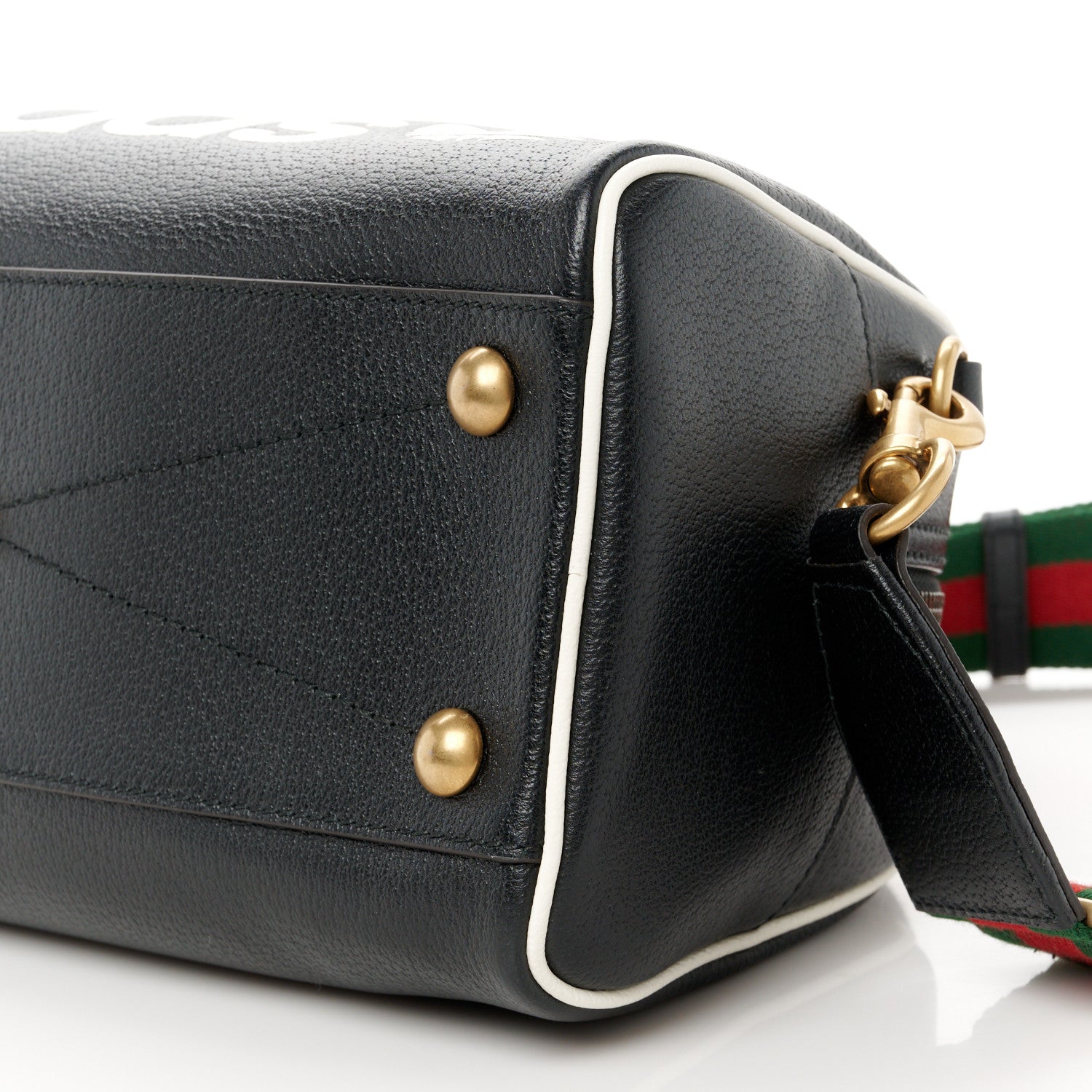 Gucci X ADIDAS Textured Dollar Calfskin Web Trefoil Logo Embossed Mini Bowling Bag Black Off White 11 of 11