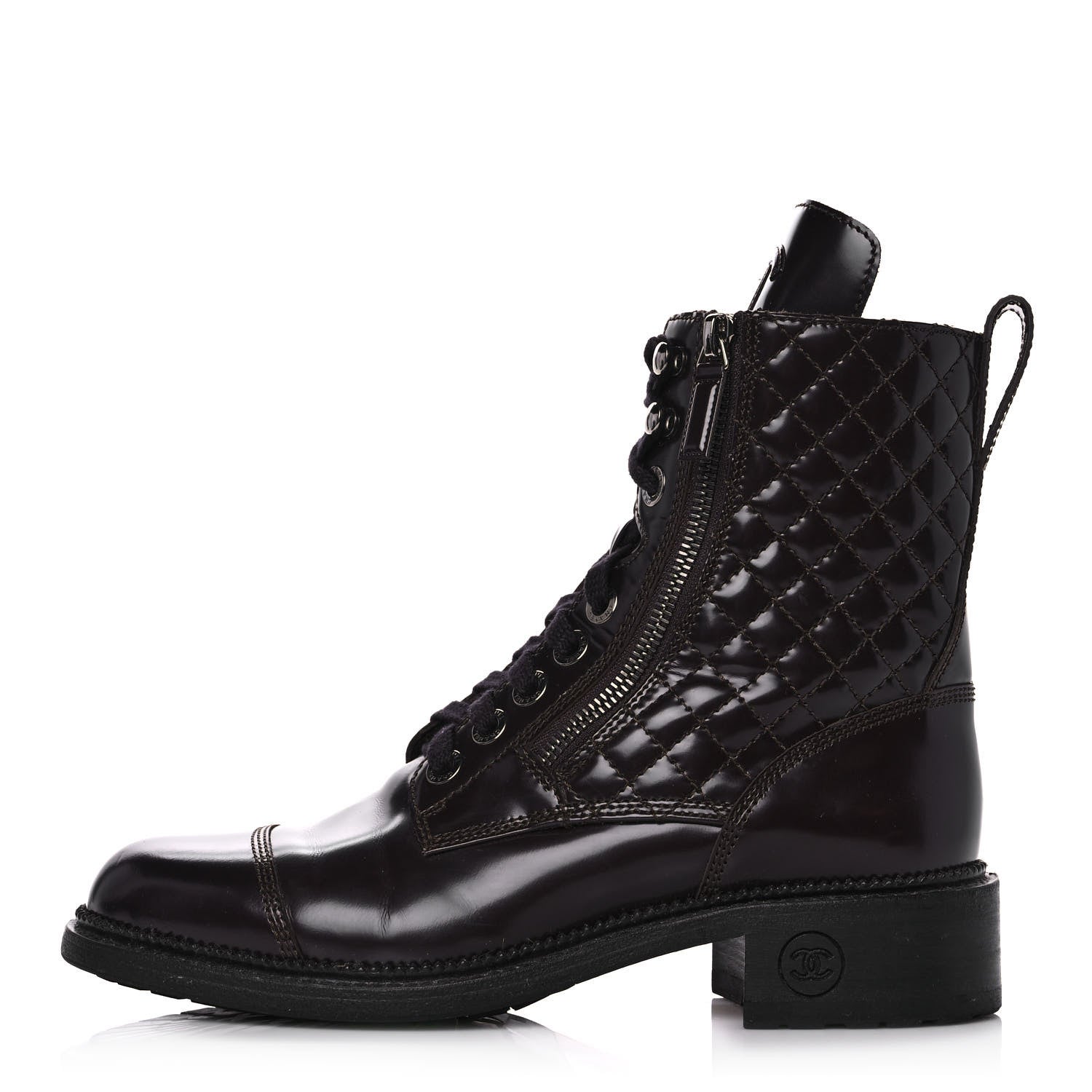 Chanel Shiny Calfskin Quilted CC Lace Up Combat Boots 39 Dark Burgundy 1 of 9