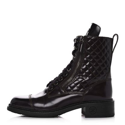 Chanel Shiny Calfskin Quilted CC Lace Up Combat Boots 39 Dark Burgundy 1 of 9