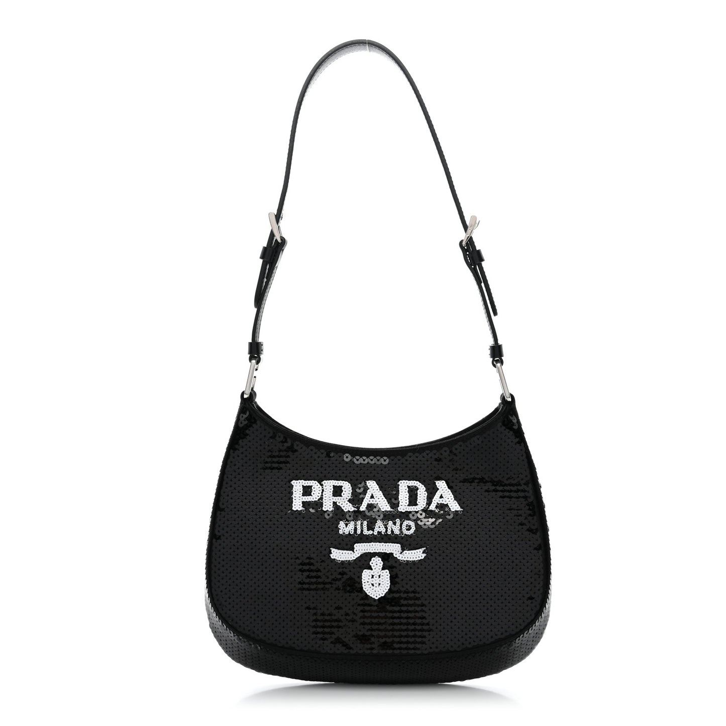 Paillettes Sequin Logo Cleo Adjustable Strap Shoulder Bag Black White