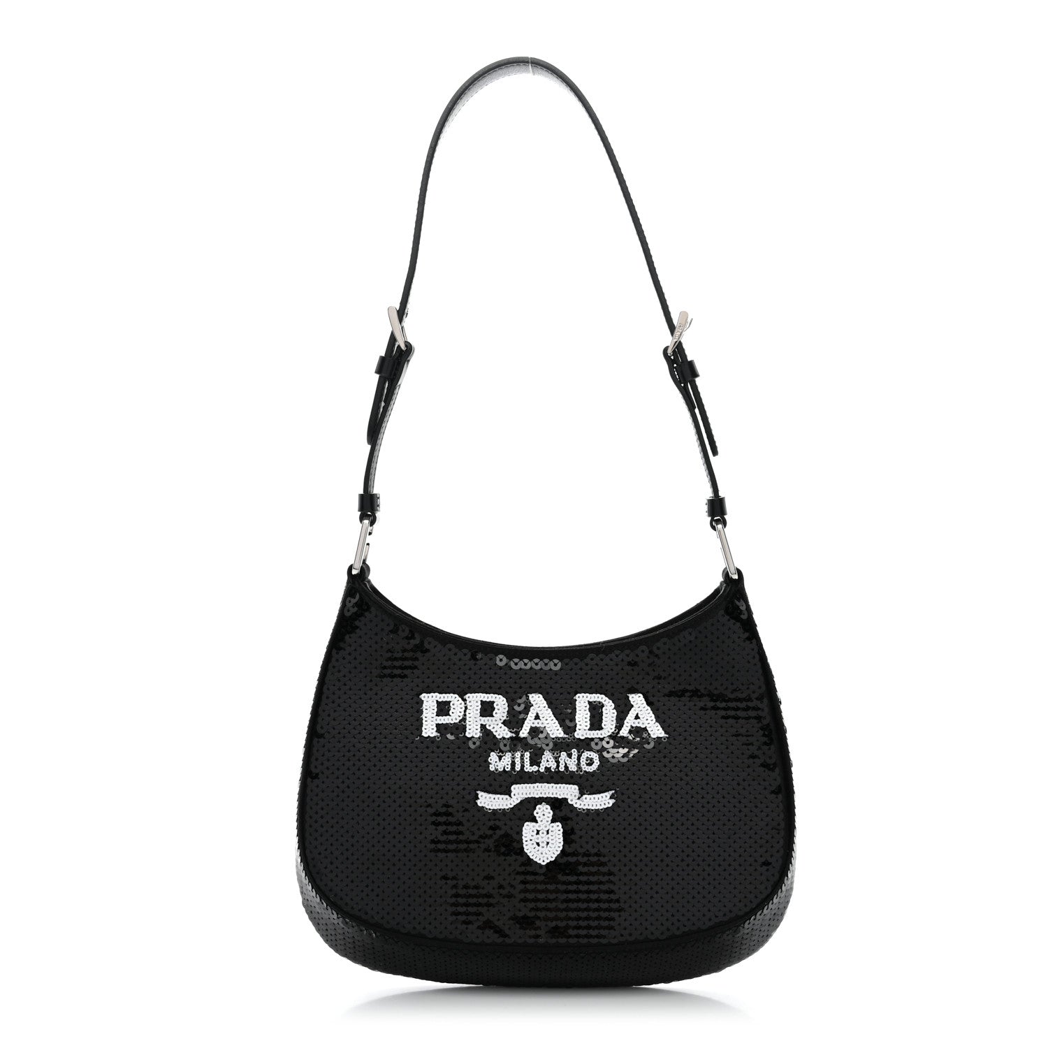 Prada Paillettes Sequin Logo Cleo Adjustable Strap Shoulder Bag Black White 1 of 10