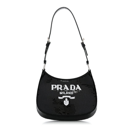Prada Paillettes Sequin Logo Cleo Adjustable Strap Shoulder Bag Black White 1 of 10