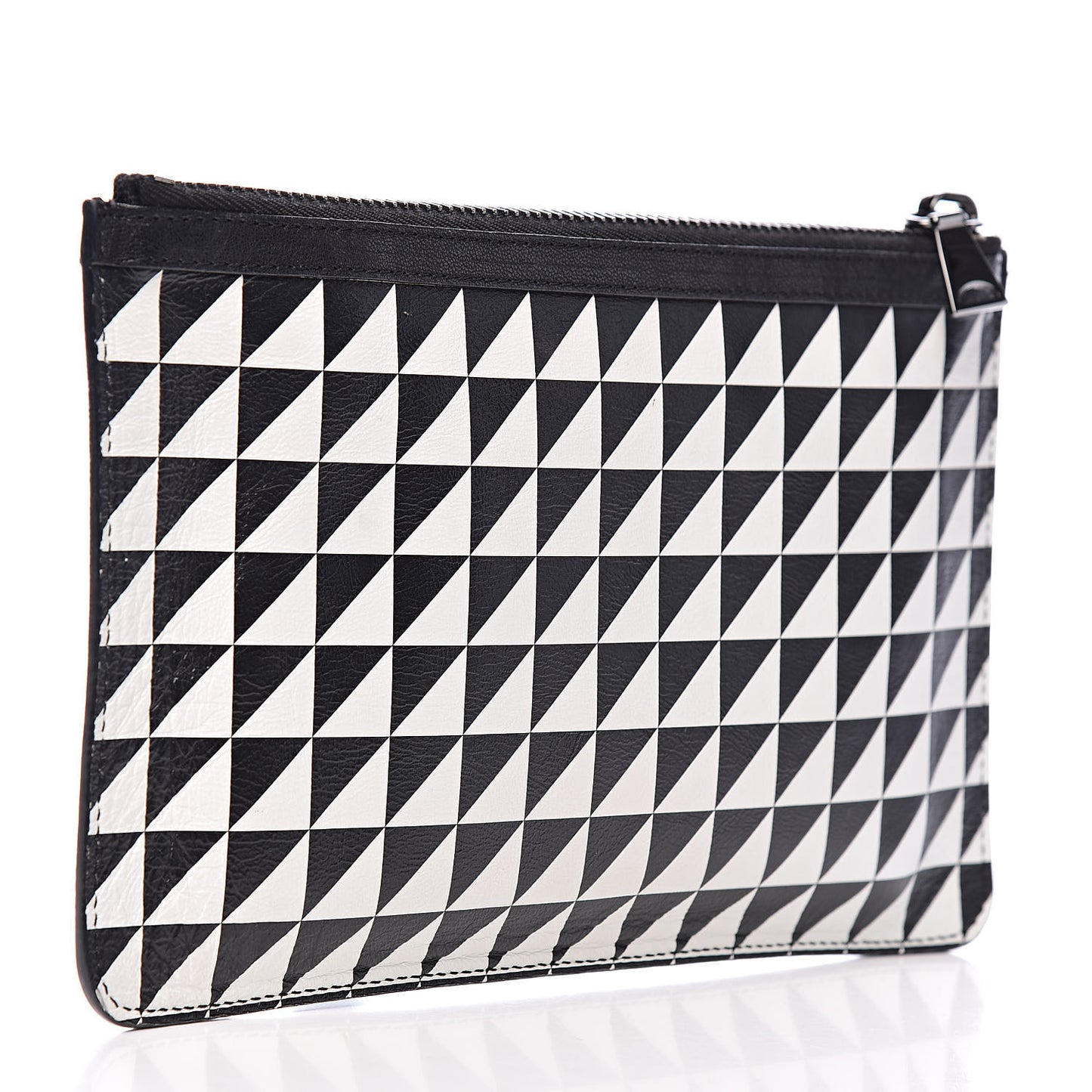 Calfskin Triangle Print Zip Pouch Black White