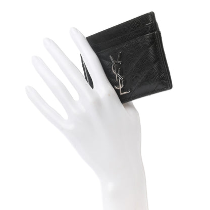 Saint Laurent Grain De Poudre Matelasse Chevron Monogram Credit Card Case Black 2 of 7