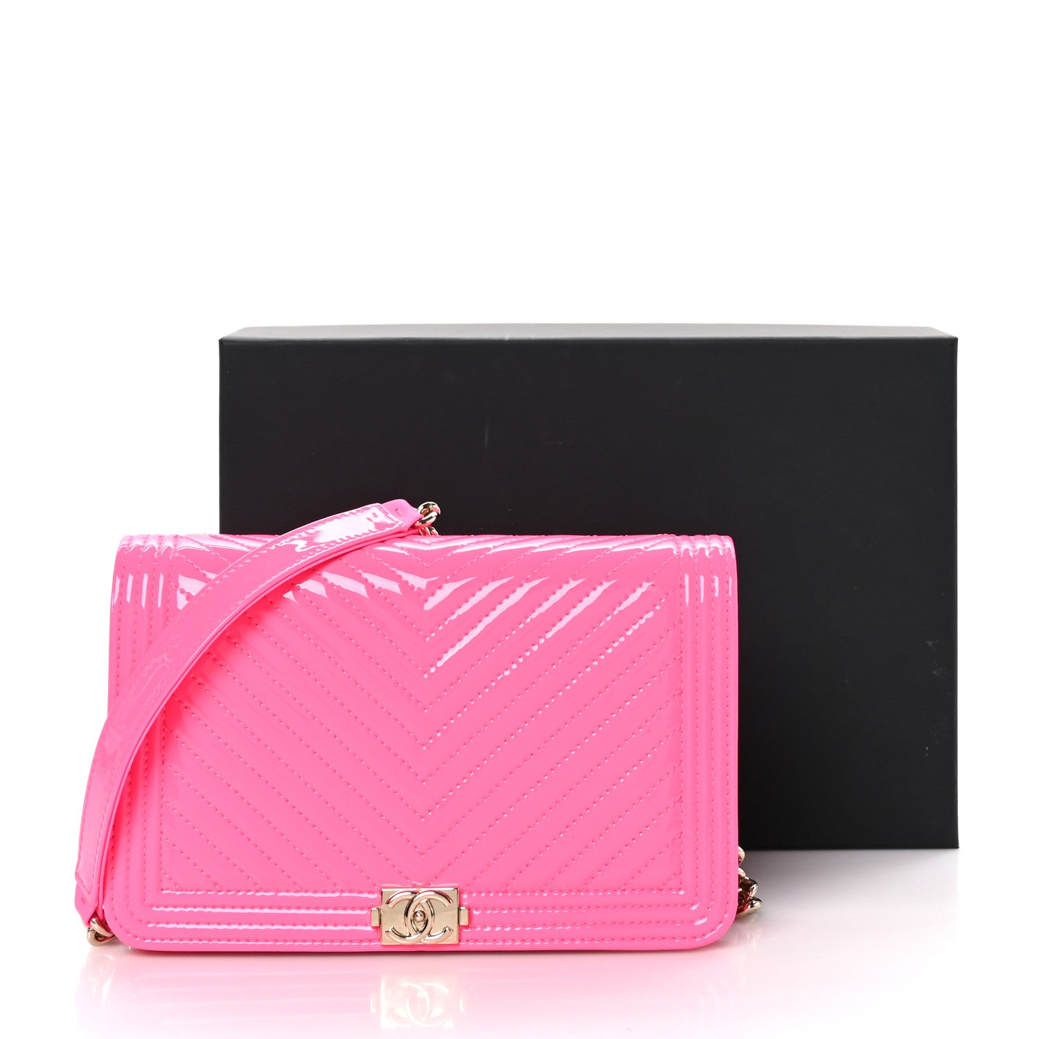 Chanel Patent Chevron Quilted Boy Wallet On Chain WOC Rose Pink 13 of 13