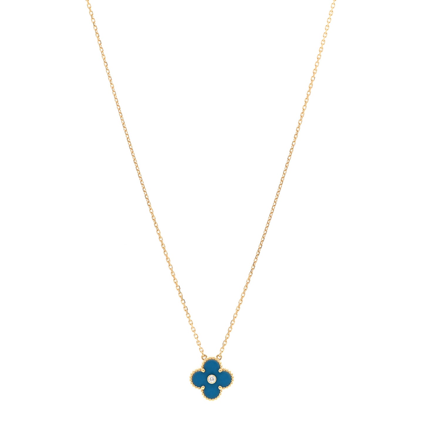 18K Yellow Gold Diamond Celestial Blue Sevres Porcelain Vintage Alhambra Pendant Necklace