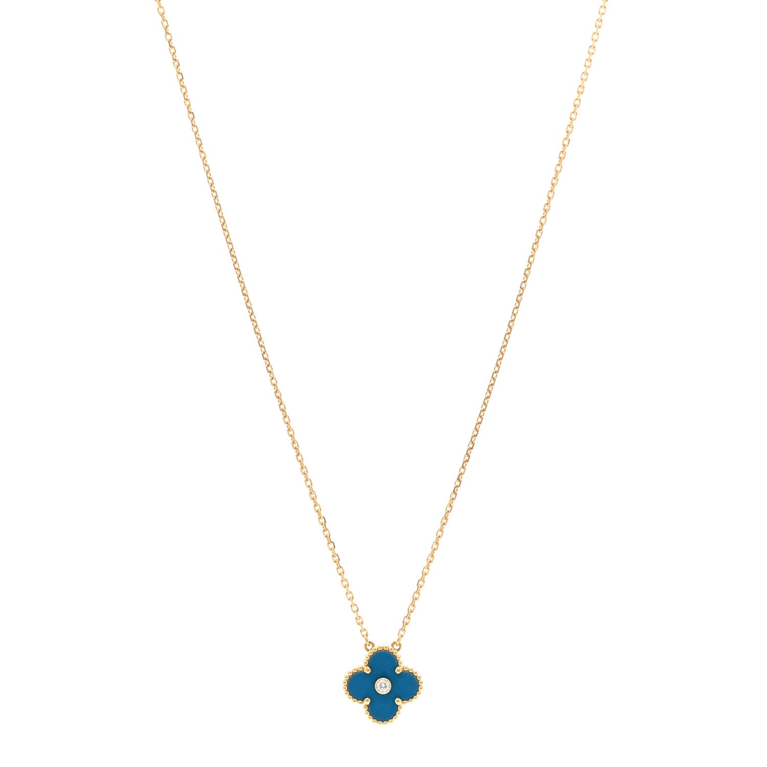 Van Cleef & Arpels 18K Yellow Gold Diamond Celestial Blue Sevres Porcelain Vintage Alhambra Pendant Necklace 1 of 5