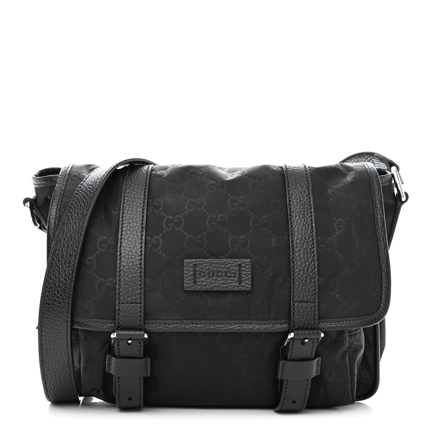 Gucci Nylon Monogram Double Buckle Flap Messenger Bag Black 1 of 14