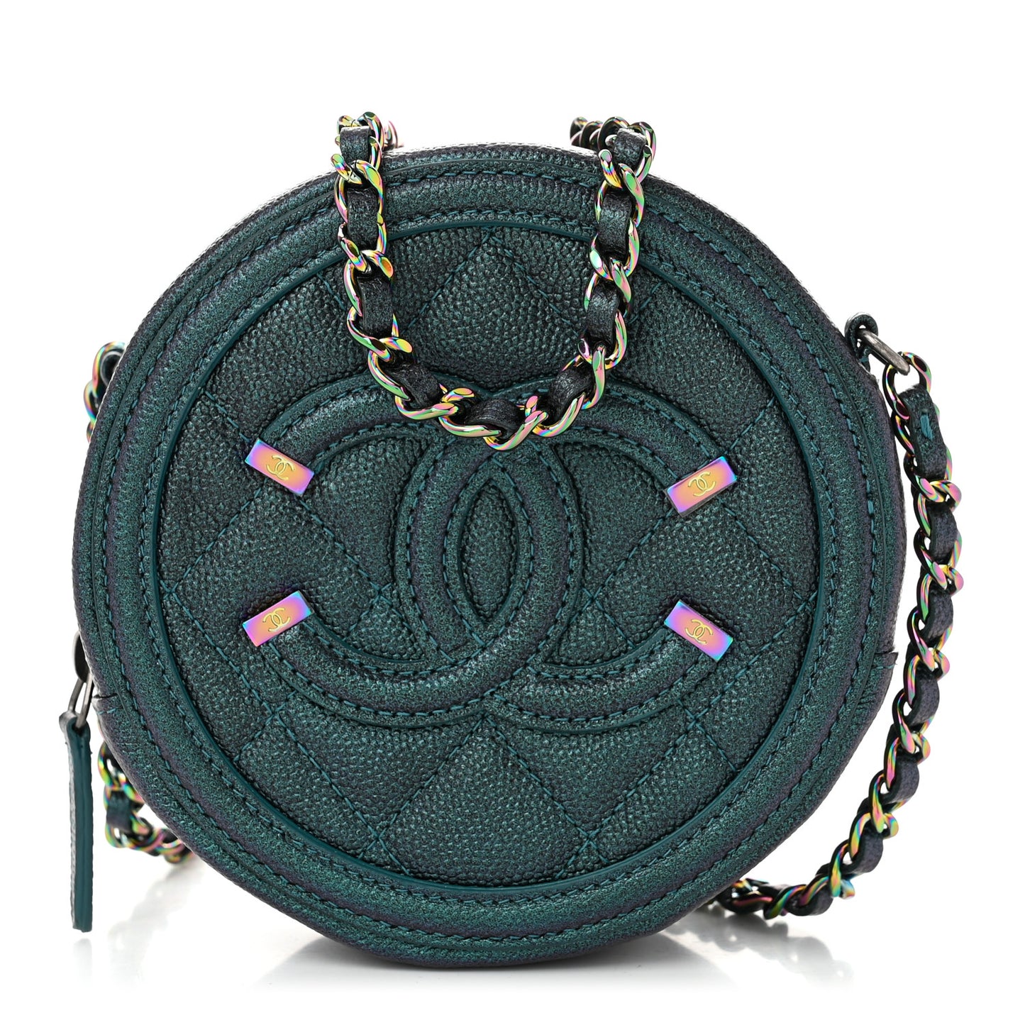 Iridescent Caviar Quilted Round Filigree Crossbody Dark Turquoise