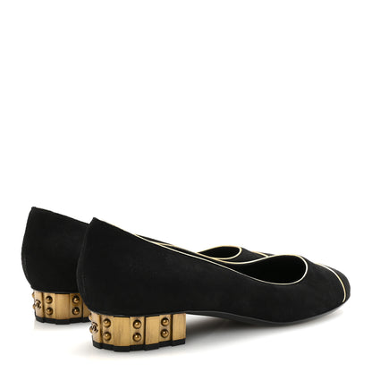 Chanel Suede Studded Cap Toe Low Heel Pumps 40 Black Gold 5 of 9