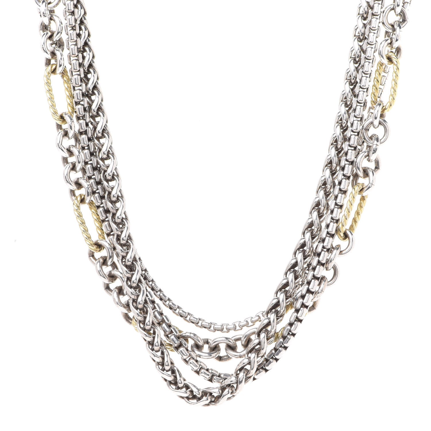David Yurman Sterling Silver 18K Yellow Gold Four Row Mixed Chain Necklace 1 of 6