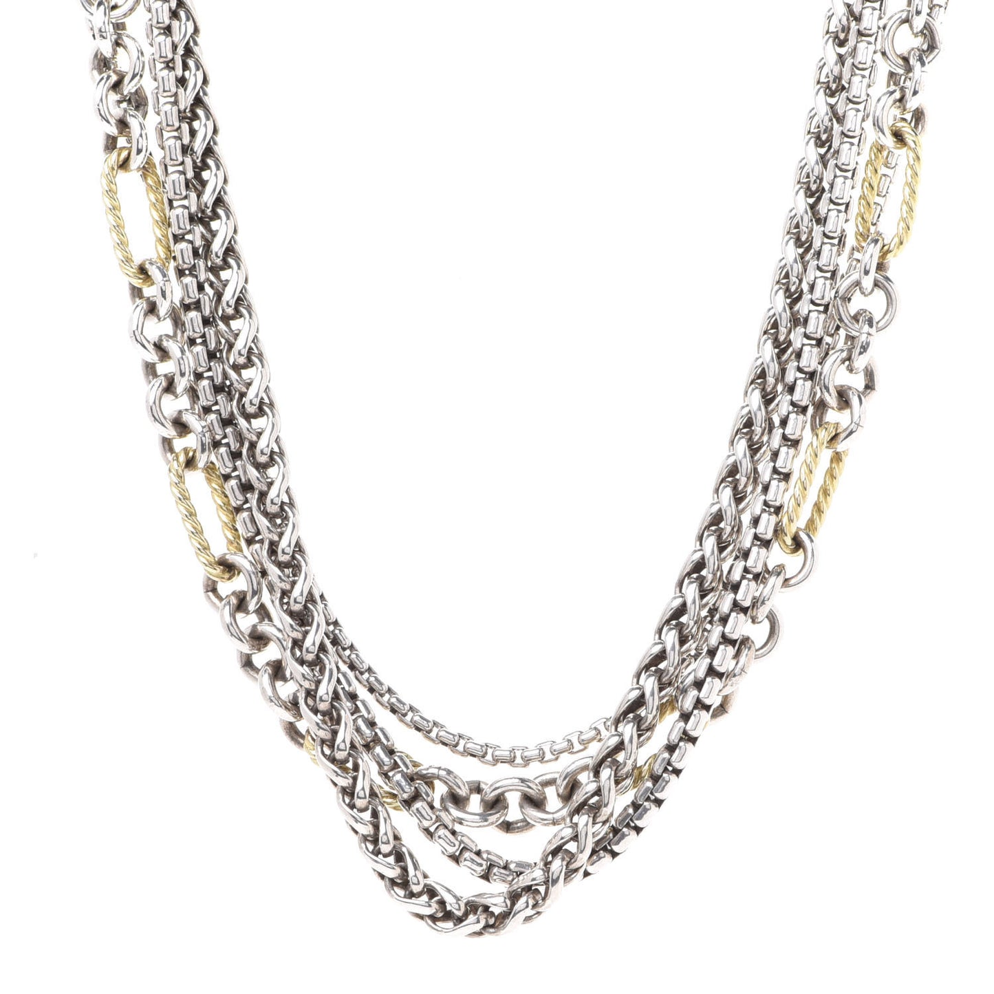 Sterling Silver 18K Yellow Gold Four Row Mixed Chain Necklace