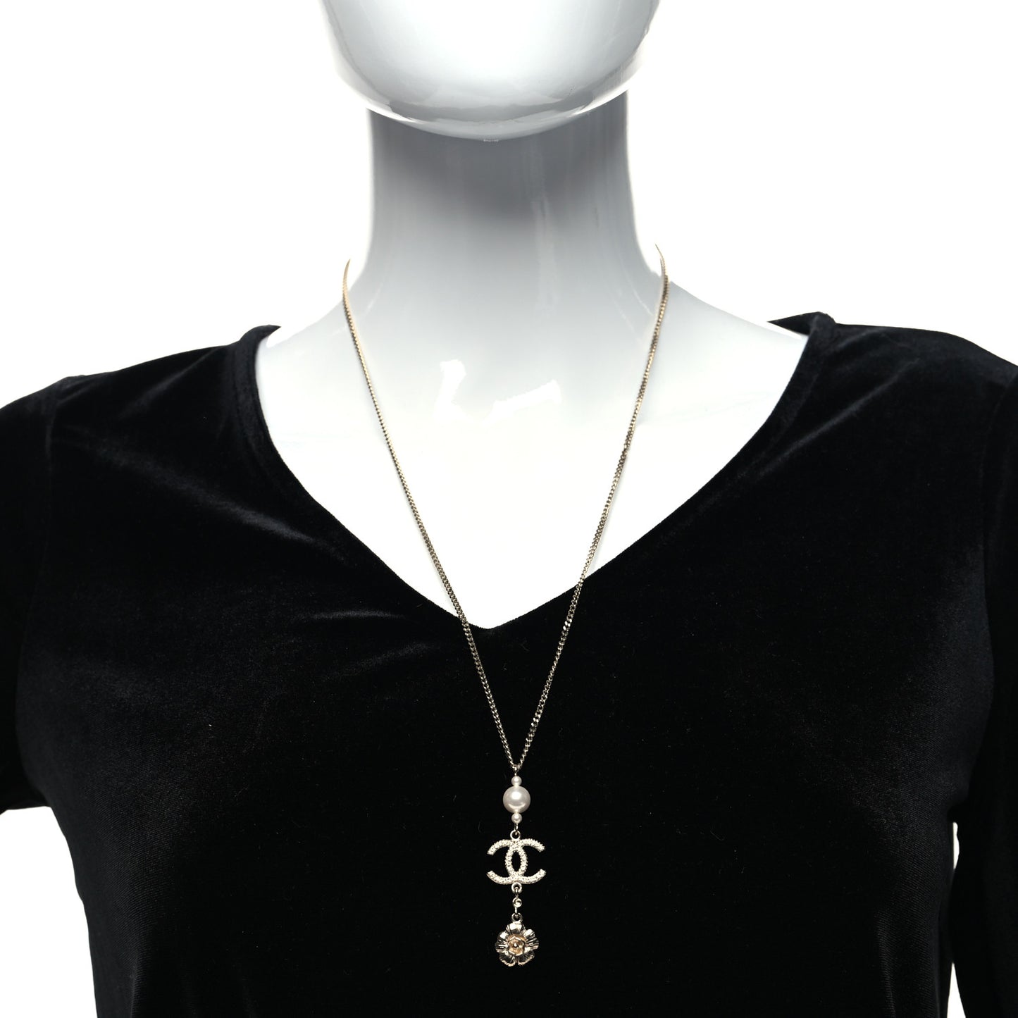 Crystal Pearl CC Drop Camellia Necklace Gold