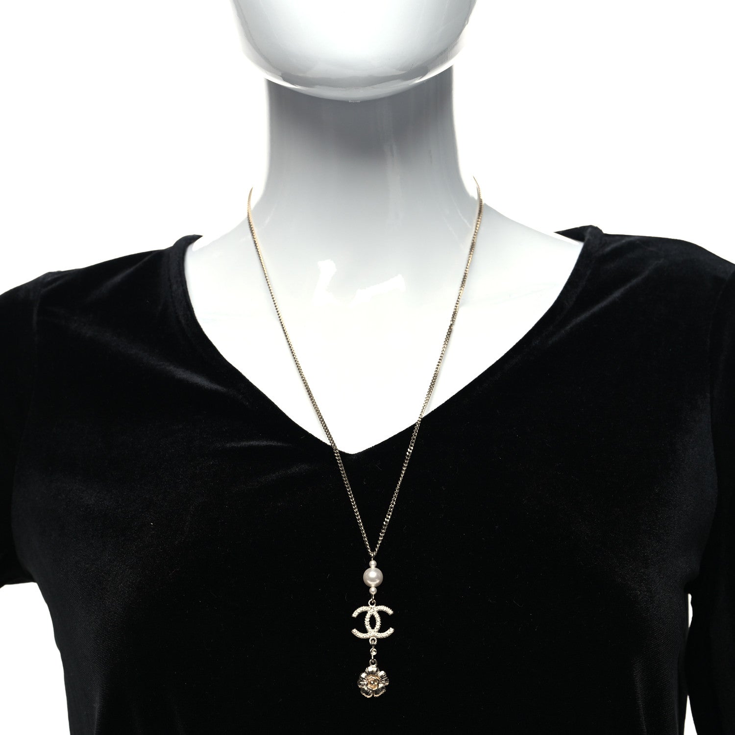 Chanel Crystal Pearl CC Drop Camellia Necklace Gold 2 of 5