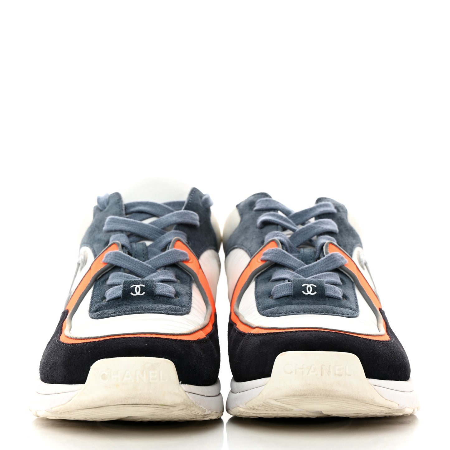 Nylon Calfskin Suede CC Womens Sneakers 37.5 Navy White Orange Black