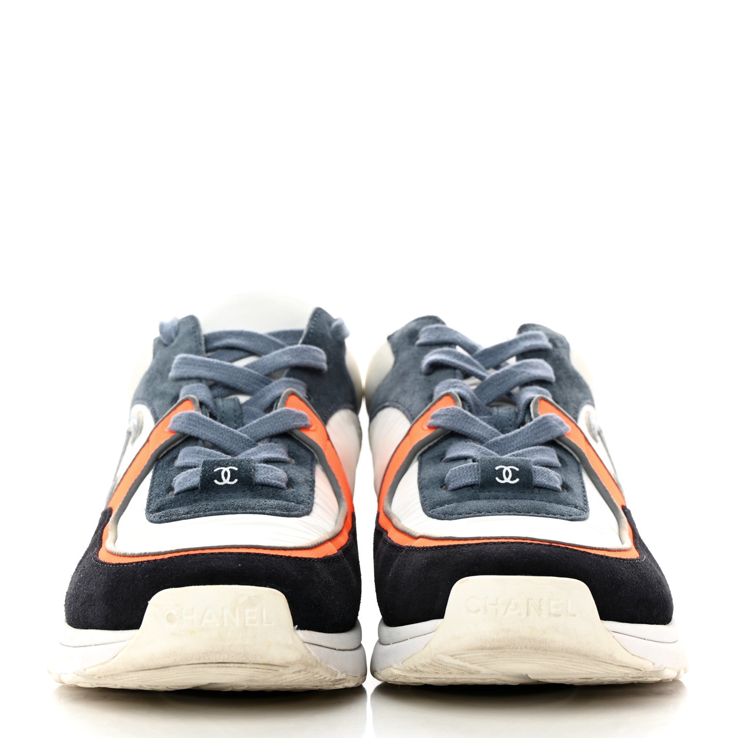 Chanel Nylon Calfskin Suede CC Womens Sneakers 37.5 Navy White Orange Black 2 of 11