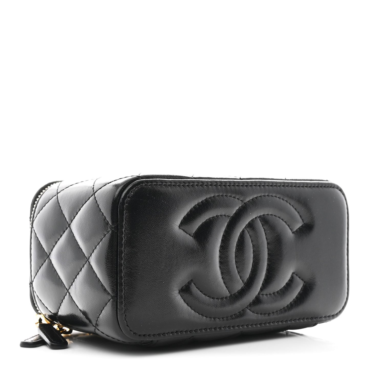 Shiny Lambskin Quilted Small Vanity Case With Chain Black