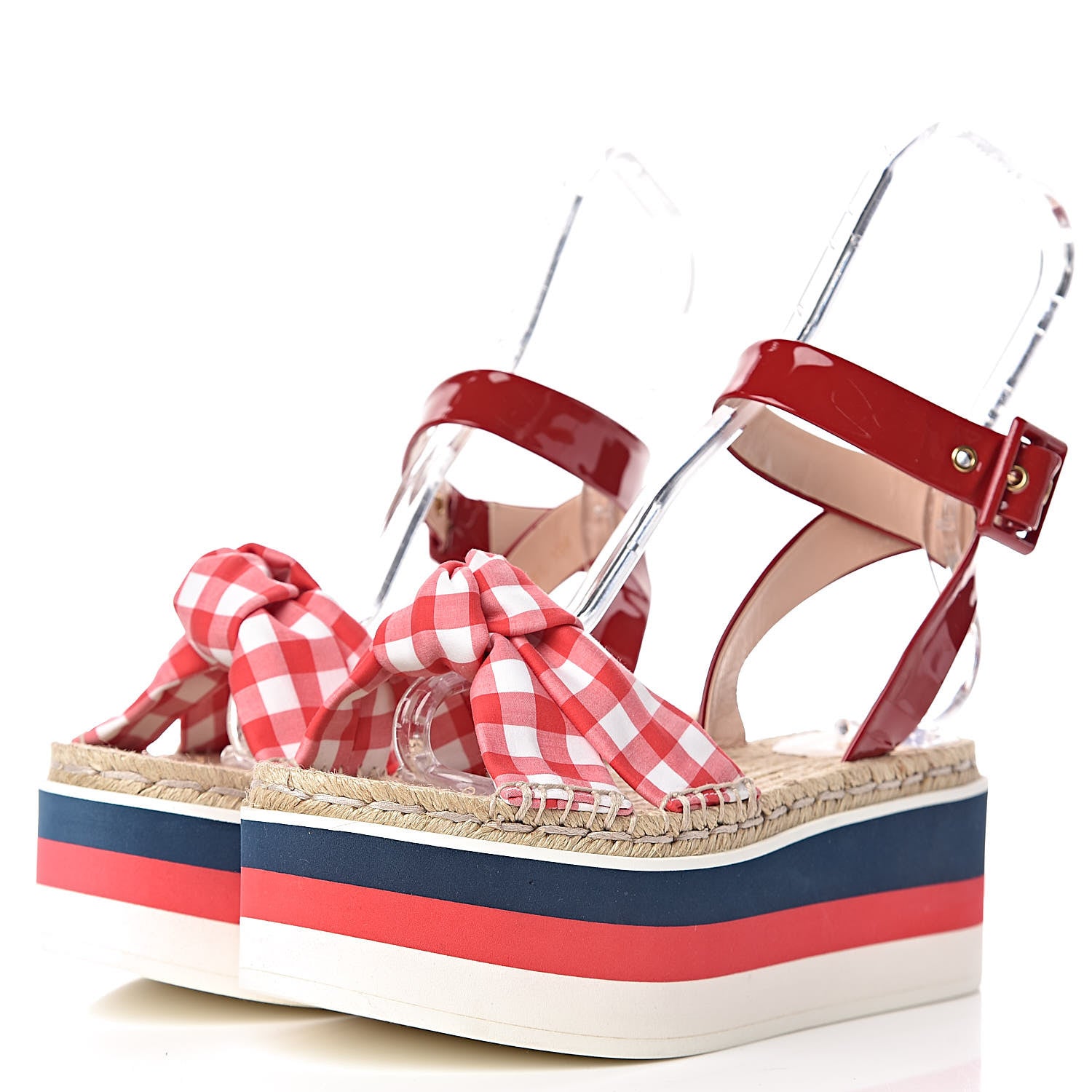 Gucci Patent Cotton Gingham Sefir Espadrille Platform Sandals 39.5 Red White 3 of 12