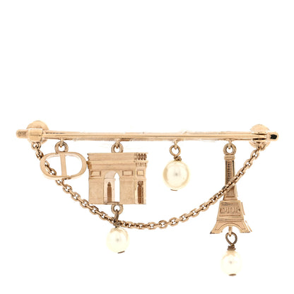 Christian Dior Pearl Crystal Plan de Paris Brooch Gold White 1 of 3