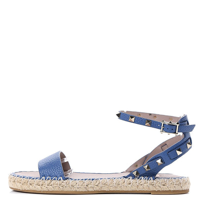 Valentino Garavani Grained Calfskin Rockstud Ankle Strap Espadrille Flat Sandals 39 Baltique 1 of 8