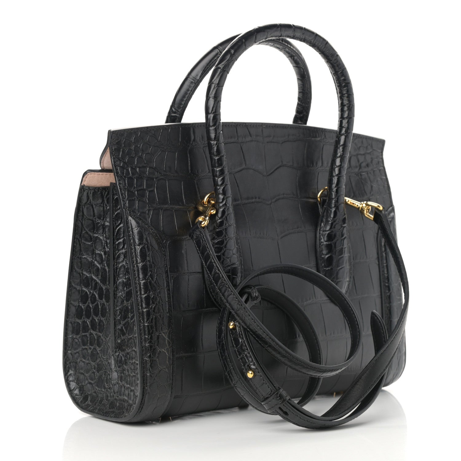 Alexander McQueen Calfskin Crocodile Embossed Small Heroine 30 Black 3 of 12