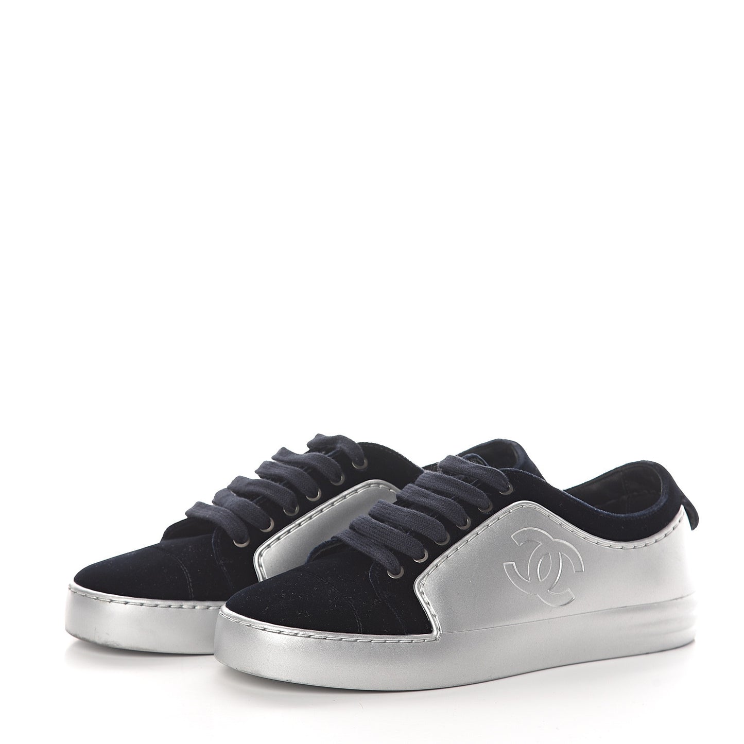 Calfskin Velvet Womens CC Sneakers 36.5 Silver Navy