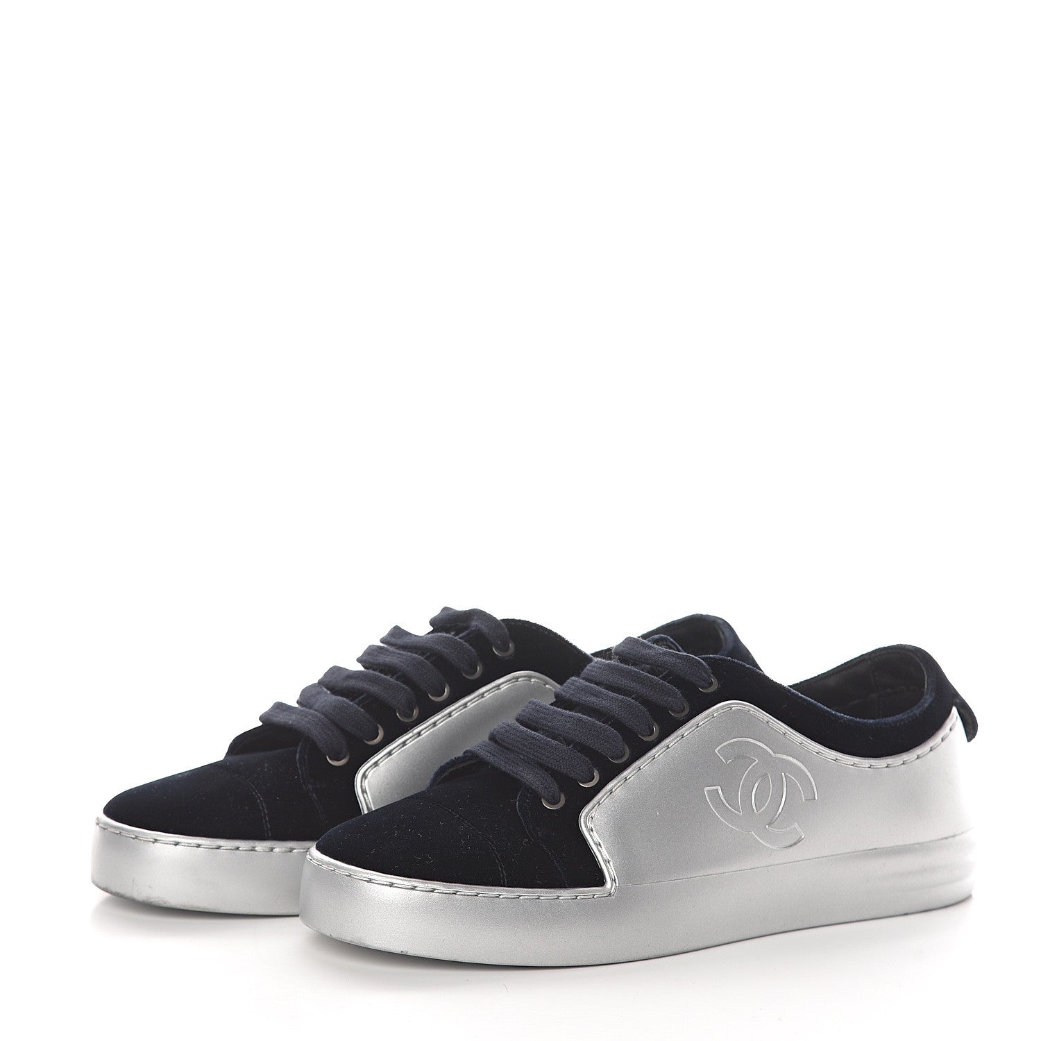 Chanel Calfskin Velvet Womens CC Sneakers 36.5 Silver Navy 3 of 7