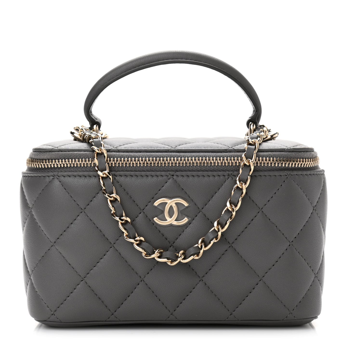Lambskin Quilted Small Top Handle Vanity Case With Chain Dark Grey