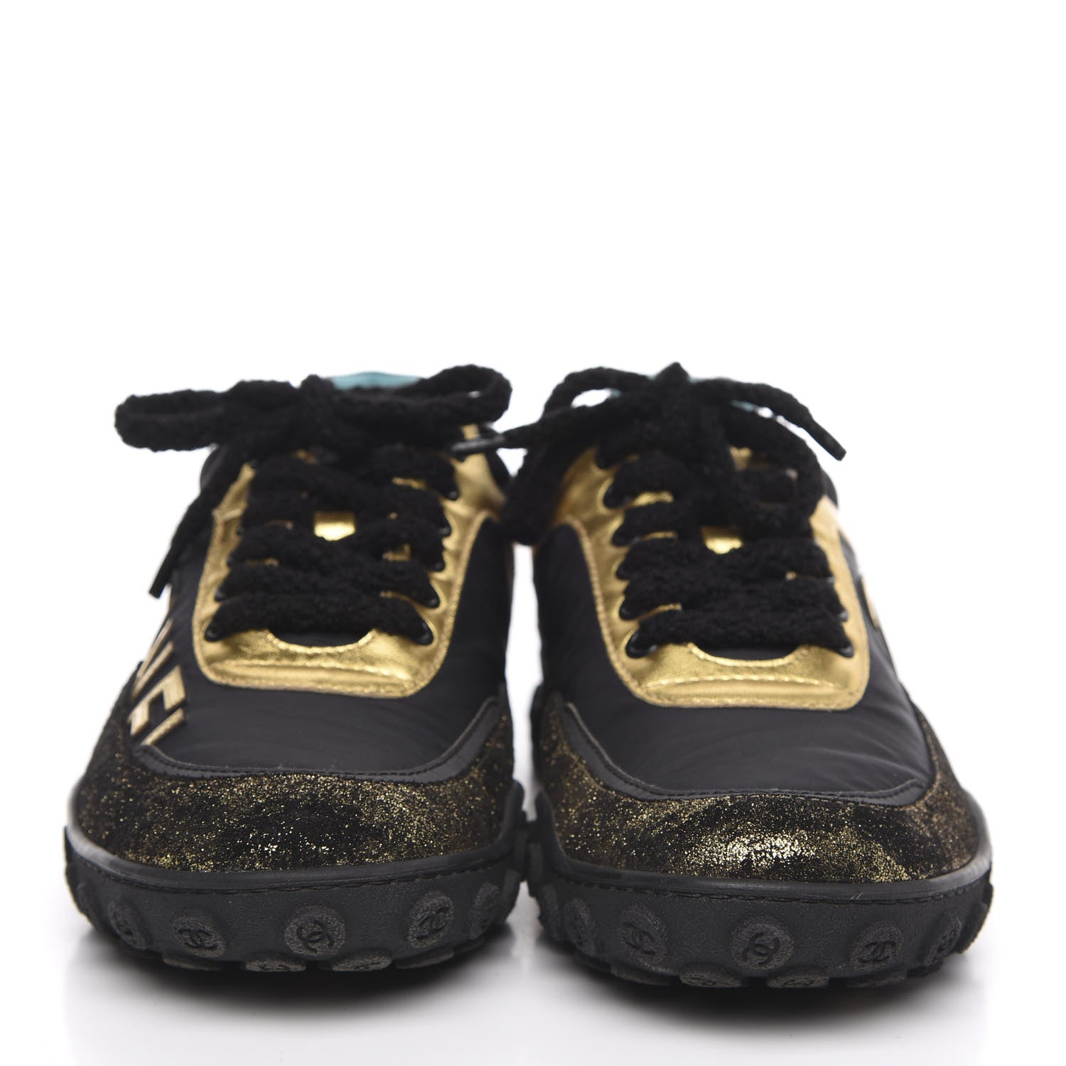 Chanel Metallic Lambskin Satin Finish Womens CC Sneakers 37 Black Gold 2 of 10