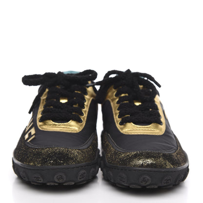 Chanel Metallic Lambskin Satin Finish Womens CC Sneakers 37 Black Gold 2 of 10