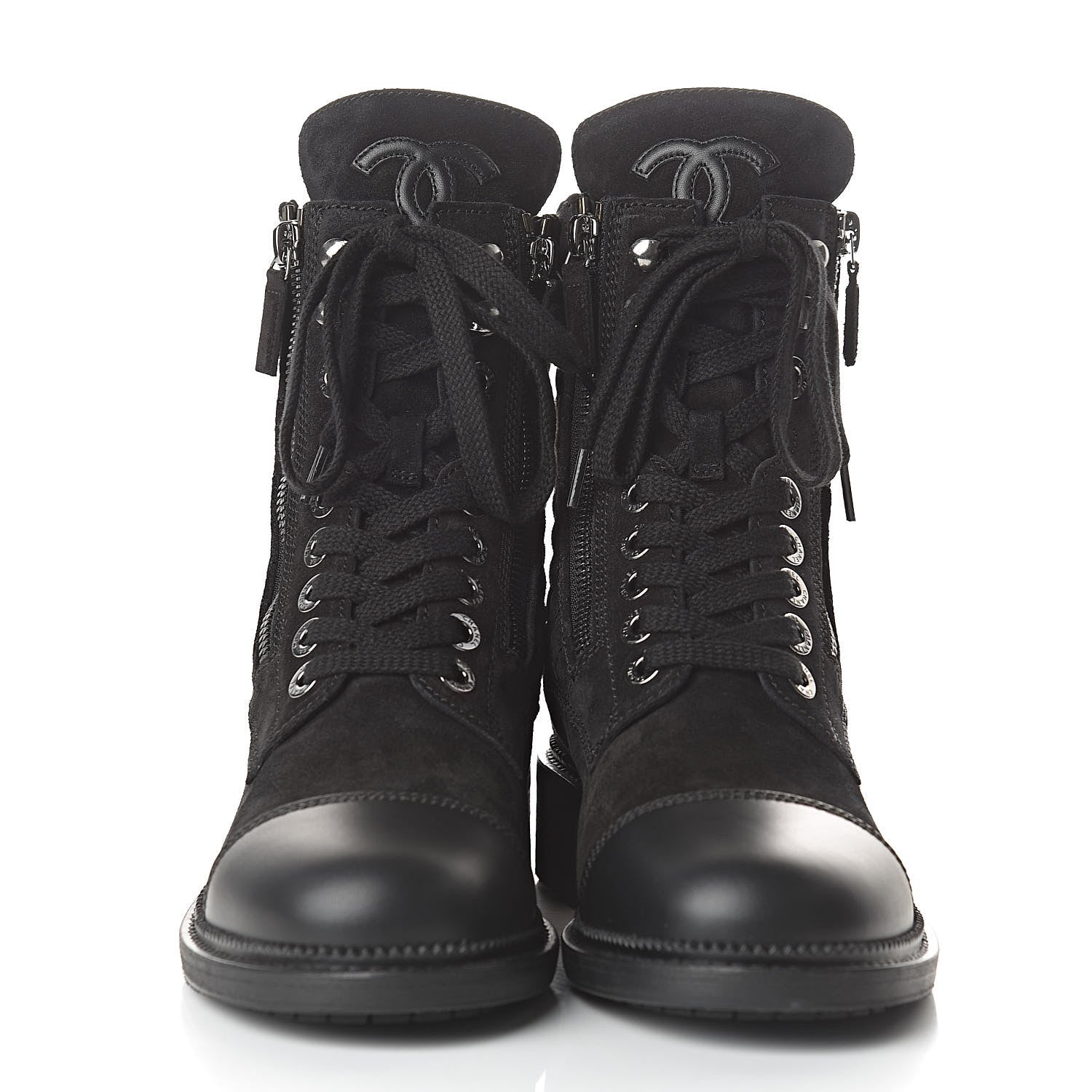 Chanel Suede Quilted CC Lace Up Combat Boots 37.5 Black 2 of 8
