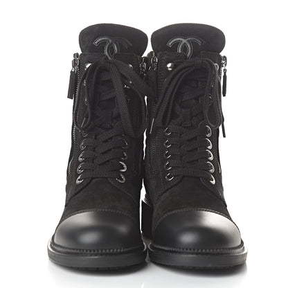 Chanel Suede Quilted CC Lace Up Combat Boots 37.5 Black 2 of 8