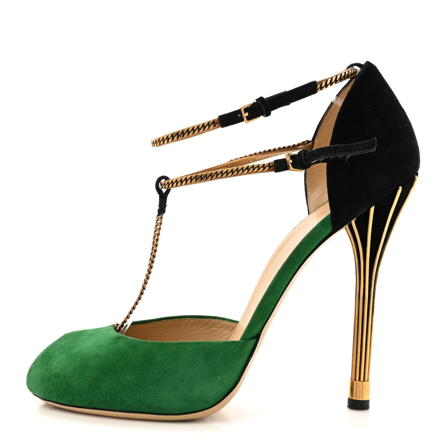 Gucci Kid Scamosciato Ankle Chain Pump 41 Garden 41 Green Black 1 of 14