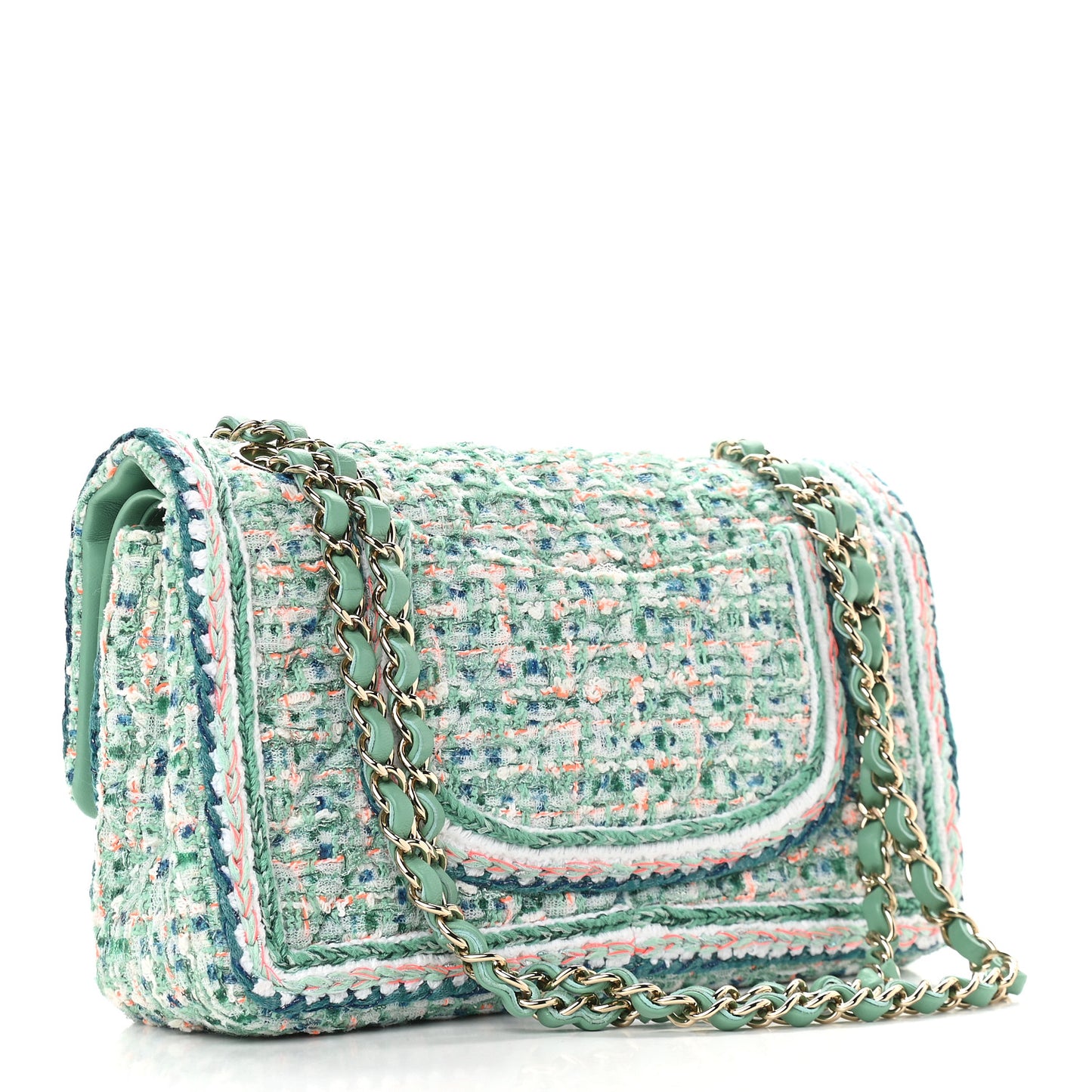 Tweed Quilted Medium Double Flap Green White Blue Orange