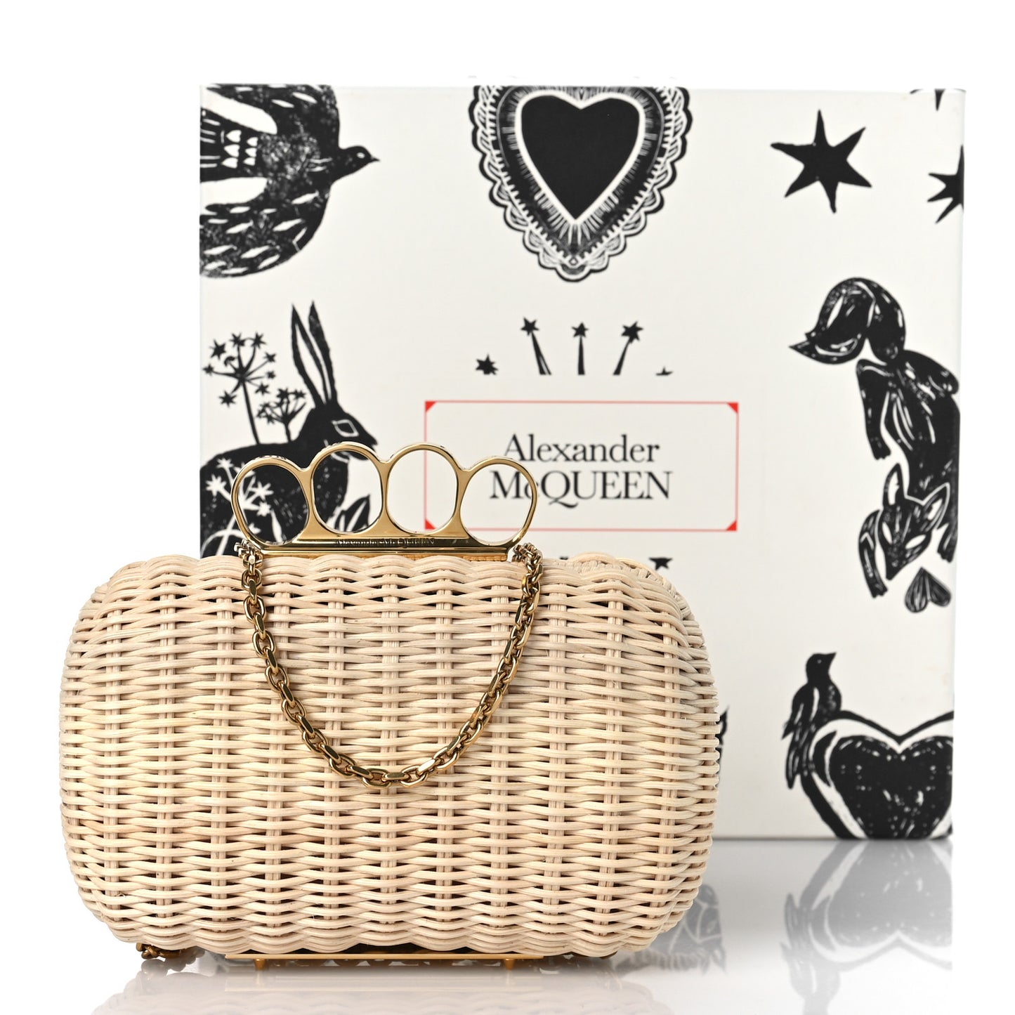 Woven Straw Four Ring Chain Knuckle Clutch Natural