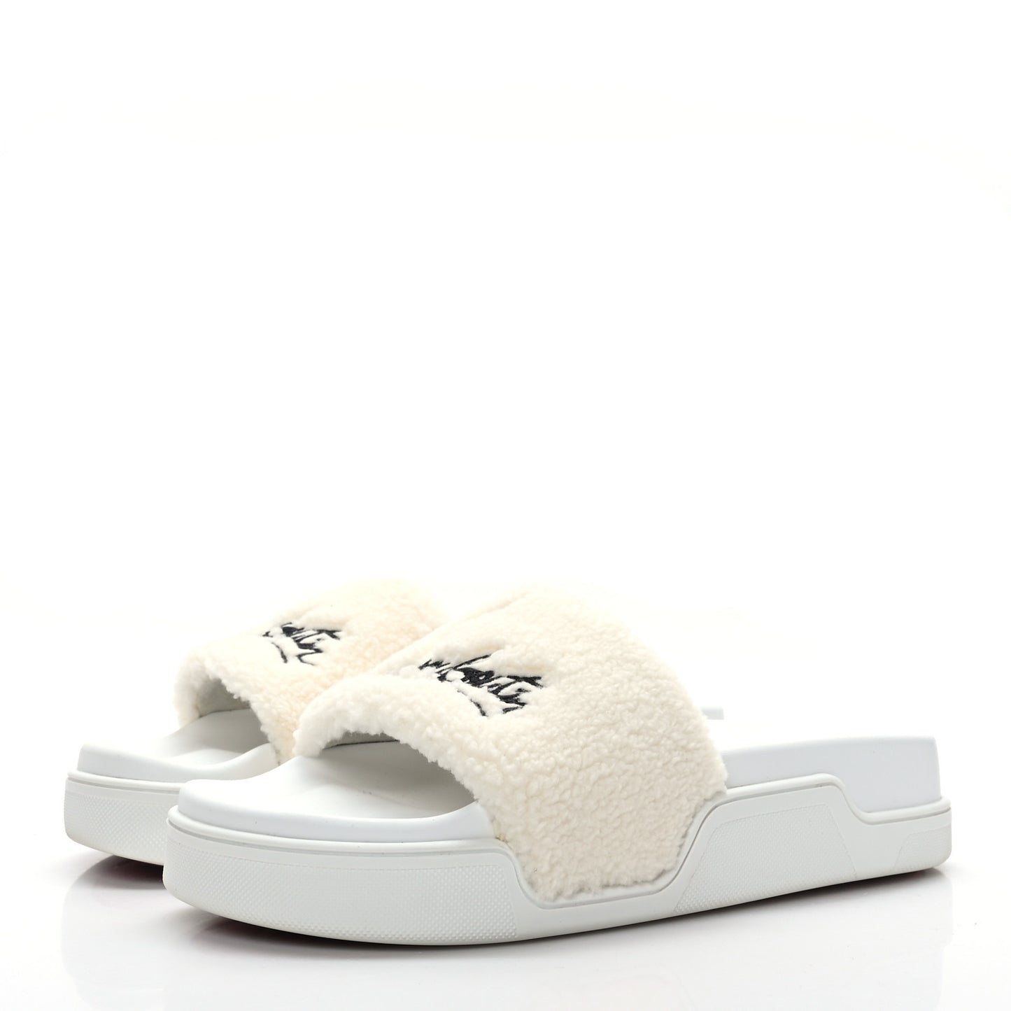 Faux Shearling Embroidered Pool Donna Flat Slide Sandals 39.5 White