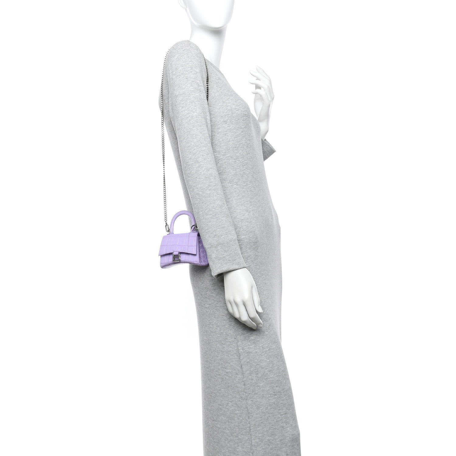 Balenciaga Shiny Calfskin Crocodile Embossed Hourglass Top Handle Bag Mini with Chain  Lilac 2 of 10