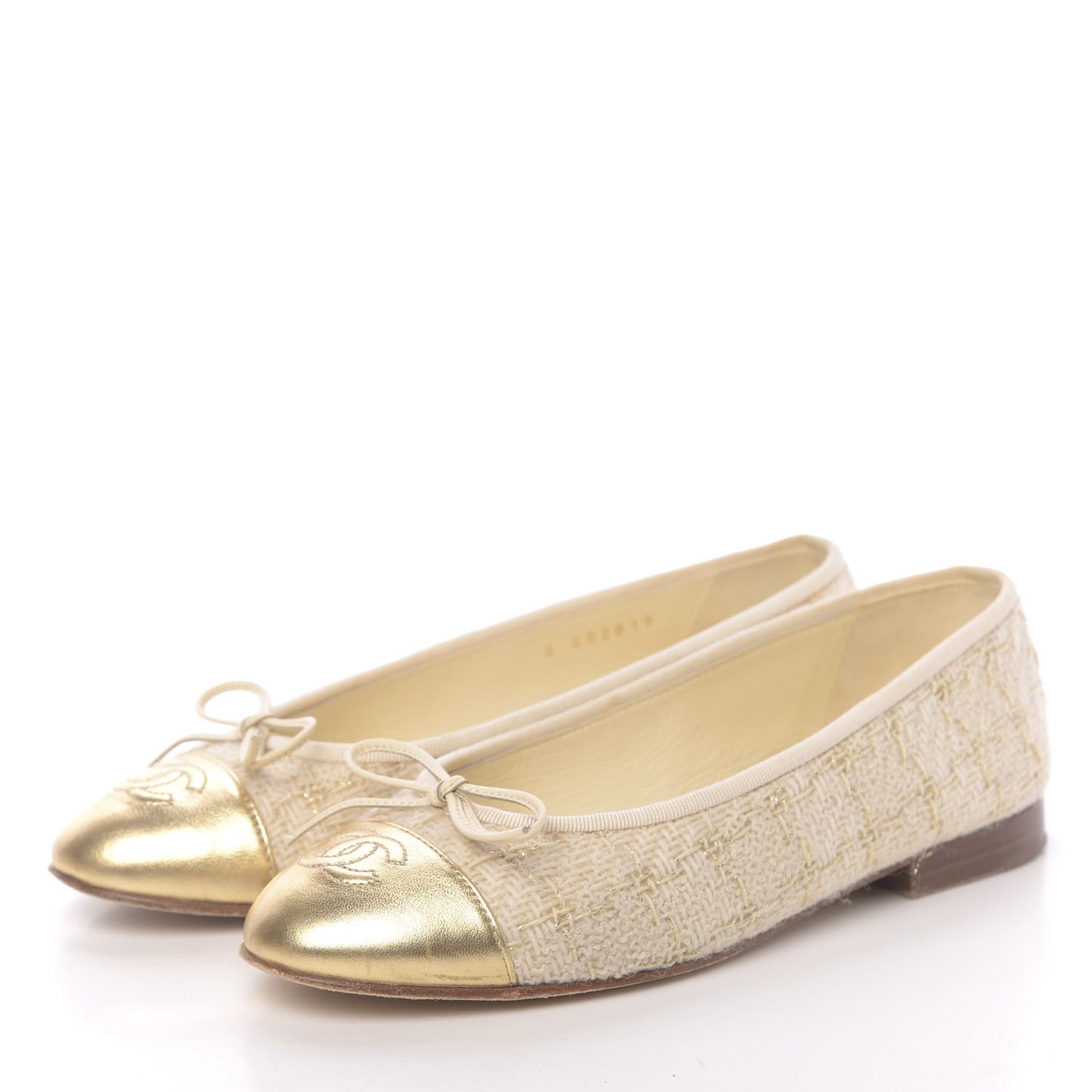 Tweed Metallic Lambskin CC Cap Toe Ballerina Flats 36 Beige Gold