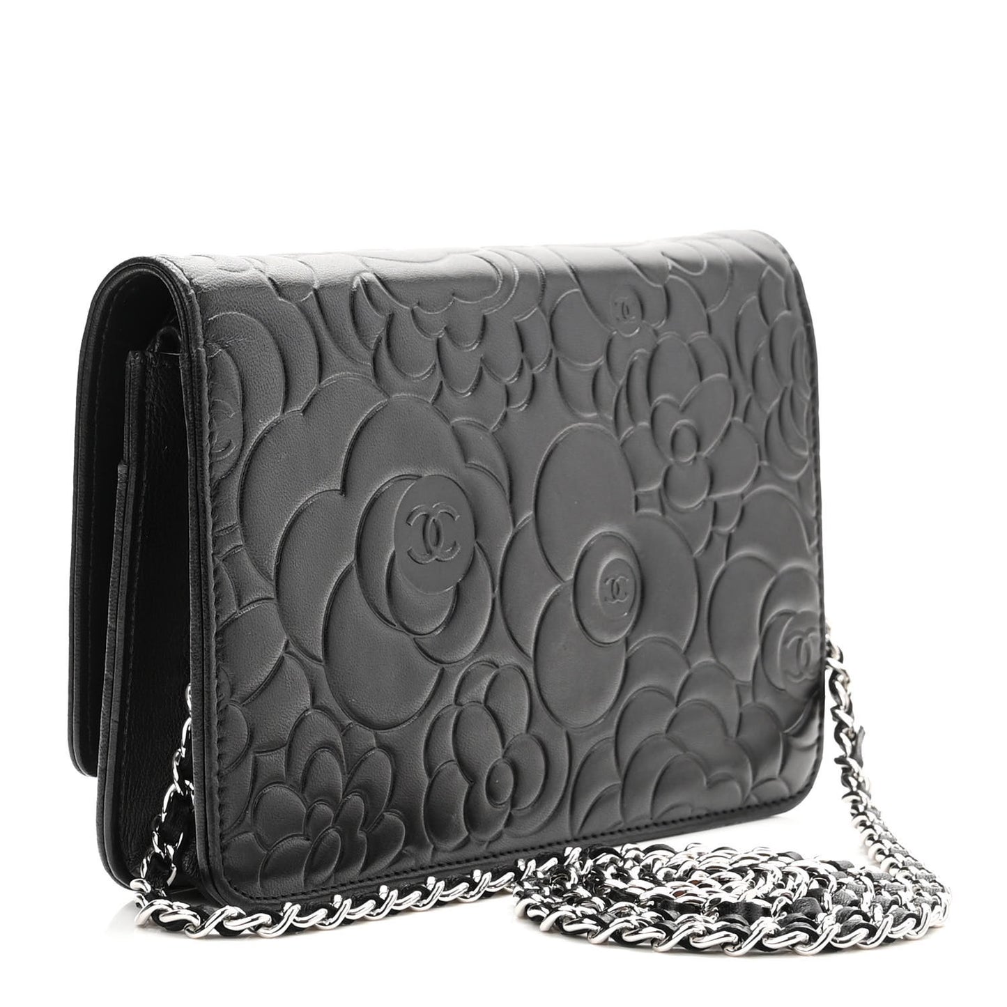 Lambskin Camellia Embossed Wallet on Chain WOC Black