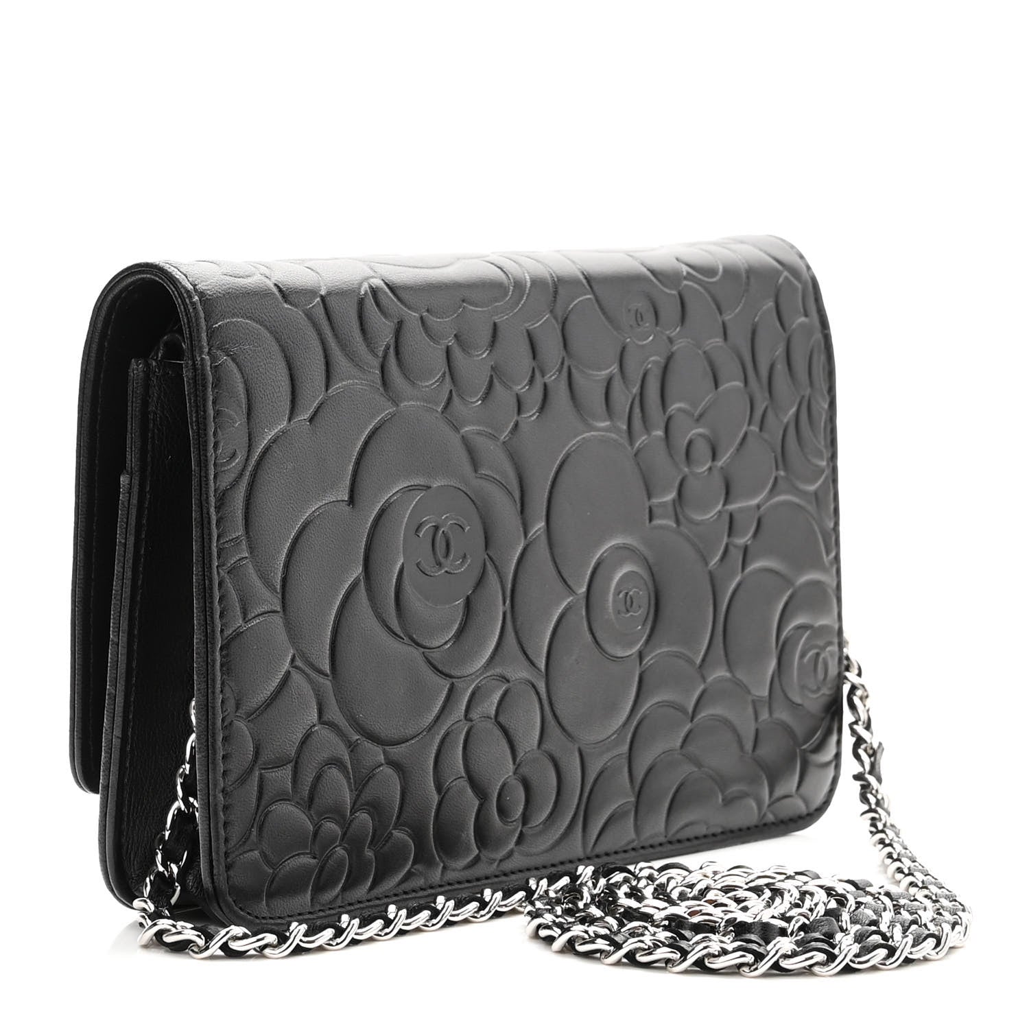 Chanel Lambskin Camellia Embossed Wallet on Chain WOC Black 3 of 12