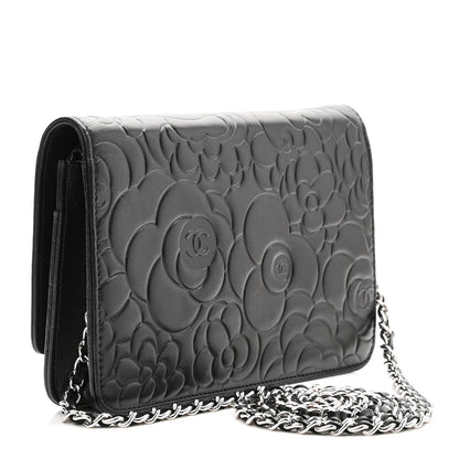 Chanel Lambskin Camellia Embossed Wallet on Chain WOC Black 3 of 12